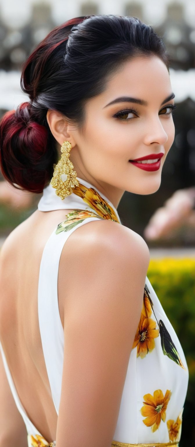 Generate hyper realistic image of a woman stands confidently in front of a large fountain. She is gazing at the viewer, smiling softly. Her outfit consists of a white sleeveless dress, patterned with black and yellow flowers. Her hair is styled into a sleek bob, and her lips are painted red, matching her deep red eyeshadow. She is standing in a seductive pose, her hair elegantly pulled back into a ponytail. She wears dangling earrings that add a touch of elegance. A few people are visible in the background.,hinaigirl