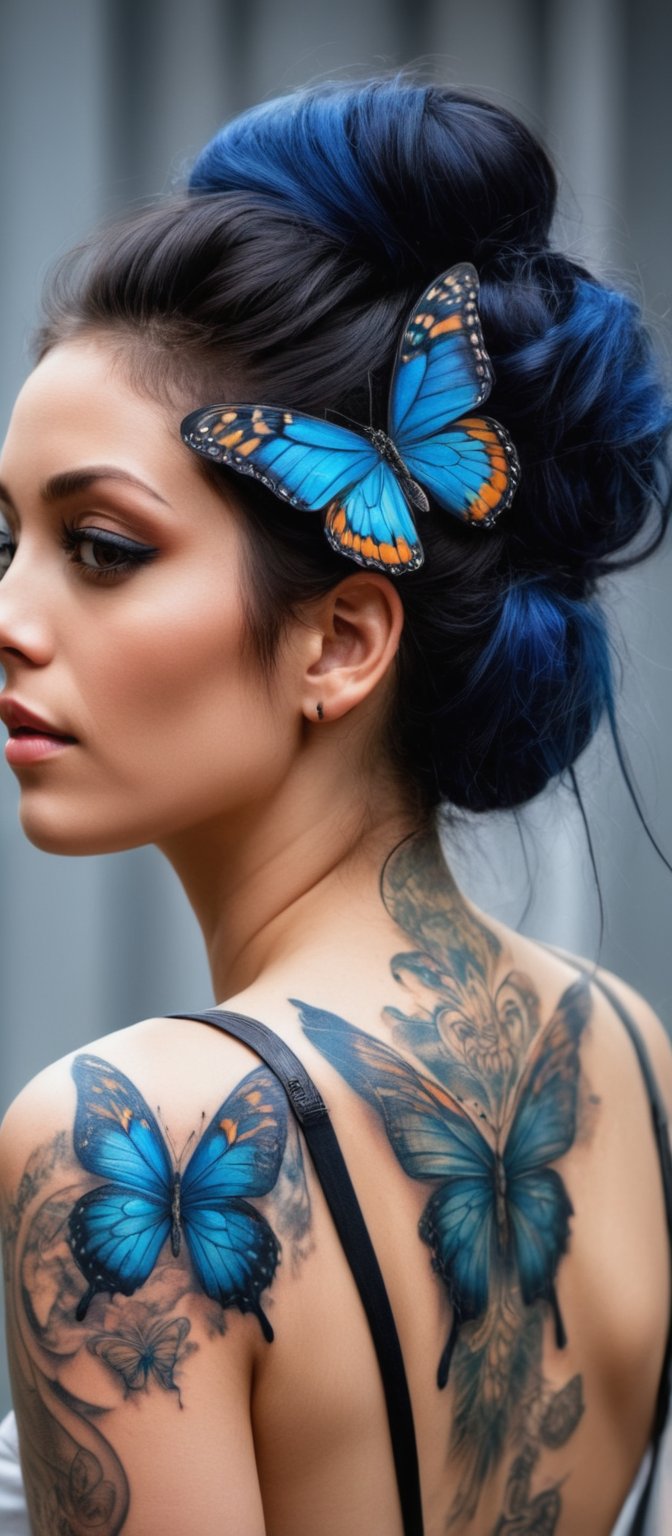 Generate hyper realistic image of  woman with a beautiful and intricate butterfly tattoo on her back. he woman is shown in profile, with her back turned towards the viewer. Her head is slightly turned to the side, giving a glimpse of her serene and thoughtful expression. Her eyes are blue. Her hair is styled in a loose, elegant updo, with a few strands softly framing her face. The hair has a luminous quality, reflecting the light in the scene. vibrant butterfly tattoo covers her upper back and shoulders. The tattoo is rendered in vivid blues and blacks, creating a dramatic contrast against her skin. Surrounding the large butterfly are smaller, glowing butterflies in shades of orange and yellow.