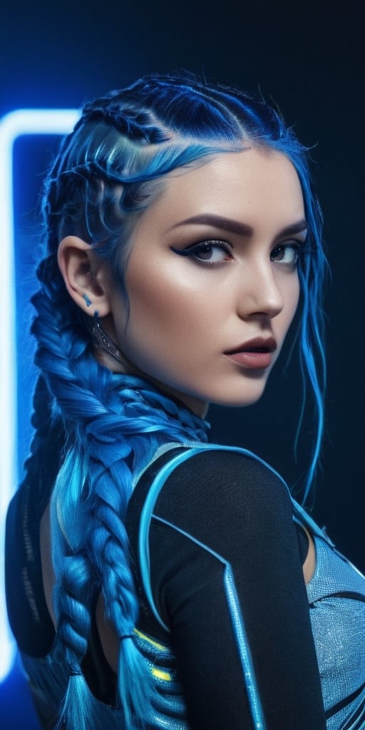 Generate hyper realistic image of a woman with electric blue braided hair, wearing a futuristic-inspired outfit, posing against a backdrop of neon lights and cyberpunk aesthetics. The bold and avant-garde setting is highlighted in a fashion editorial style..highly detailed, sharp focus.8k,photography style,Extremely Realistic