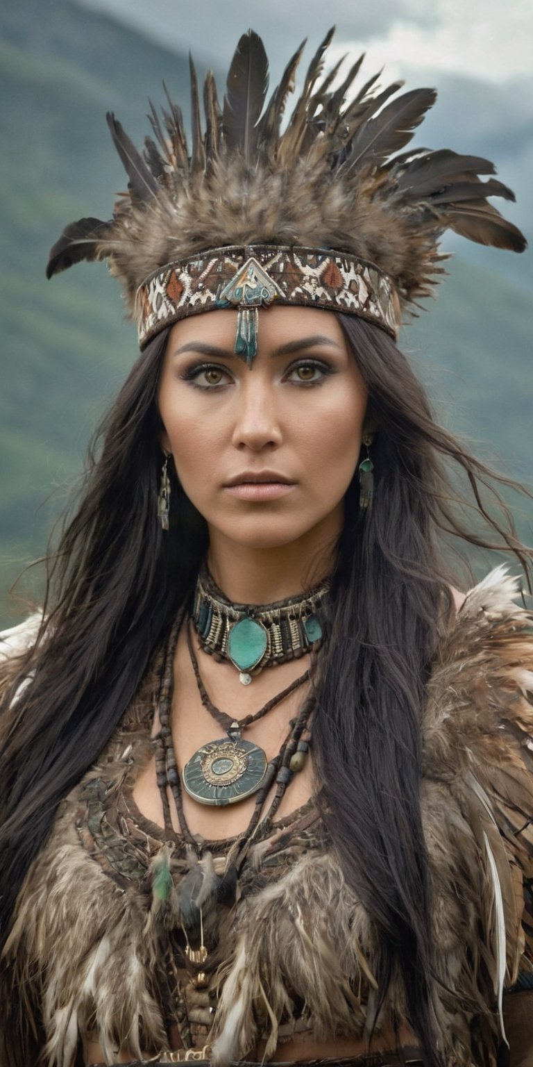 Generate hyper realistic image of a Nordic shaman dressed in earthy tones, her long, ebony hair adorned with feathers. With deep forest-green eyes, she stands atop a mountain, communing with nature and invoking the spirits of the ancient land. upper body shot,Extremely Realistic