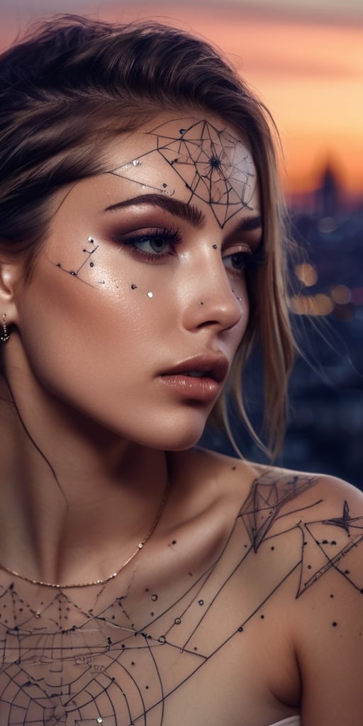 Generate hyper realistic image of a scene featuring a young woman with a captivating star map tattoo across her face, wearing avant-garde celestial-inspired fashion, attending a stargazing event on a rooftop with a panoramic view of the city skyline.Extremely Realistic, up close, 