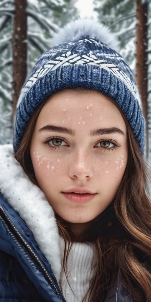 Generate hyper realistic image of an 18-year-old woman with a unique birthmark resembling a delicate snowflake on her forehead, elegantly dressed in winter attire, enjoying a day in a snow-covered forest with towering pine trees.Extremely Realistic, up close, 