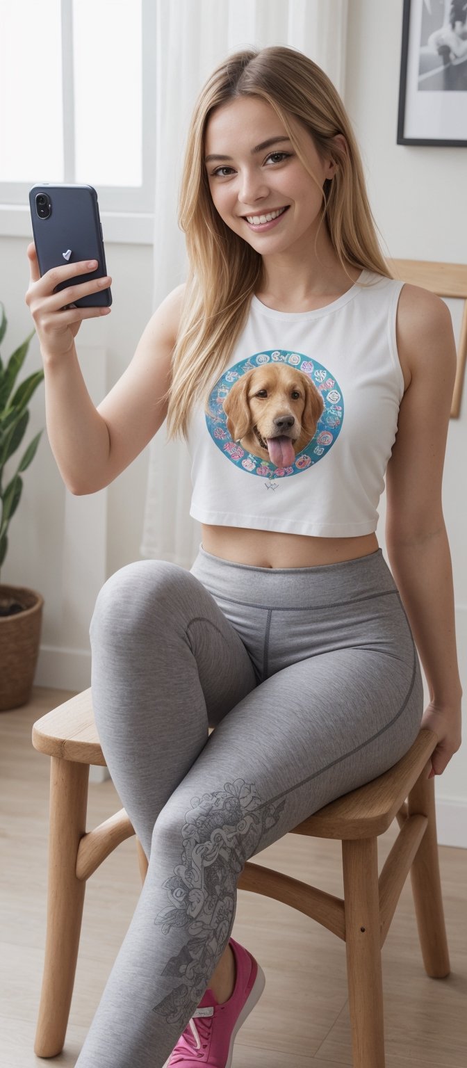 Generate hyper realistic image of woman with long, blonde hair seated comfortably in a chair, wearing a casual shirt and tight yoga pants adorned with symbolic prints. She sports a bright smile as she holds a phone, snapping a cheerful selfie with her adorable dog by her side. Her summer vibe radiates through the image, while her happy demeanor and relaxed pose