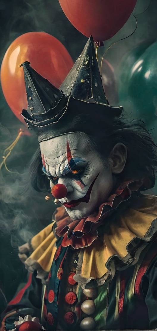 clown, painted face, sinister environment, smoke, night, terror,halloween background. clown outfit, balloon in hand.,oni style