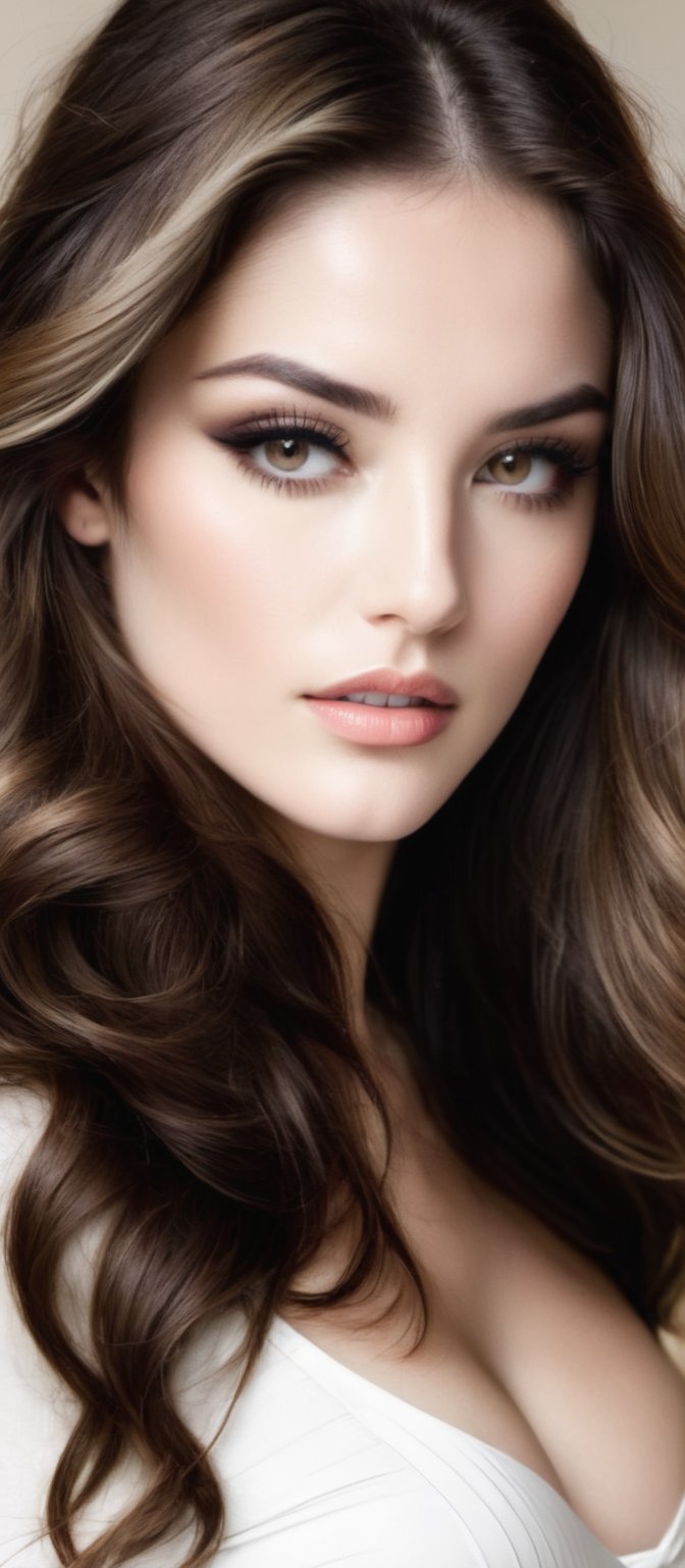 Generate hyper realistic image of a woman with a striking and provocative appearance. She has long, voluminous brown hair with loose waves. The hair is parted slightly off-center, framing her face and giving her a soft, natural look. She has a delicate and youthful face with subtle makeup. Her eyes are slightly downcast, giving her a serene expression. She is wearing a cropped white long-sleeve top with a unique design. The top has a cut-out detail in the middle, held together by thin, criss-crossing strings. he is wearing a high-waisted, pleated beige mini-skirt. The skirt is short. She has on a pair of strappy, nude-colored heels that wrap around her ankles. 