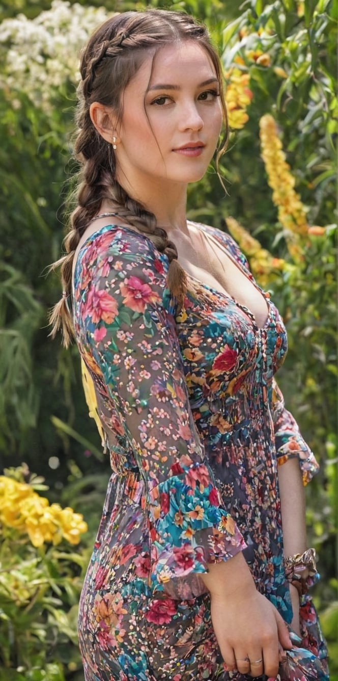 Generate hyper realistic image of a playful brunette with charming braided pigtails, a sun-kissed complexion, and dressed in a boho floral maxi dress with fringe accessories. She teasingly poses amidst vibrant flowers in a sunlit and colorful garden.. up close