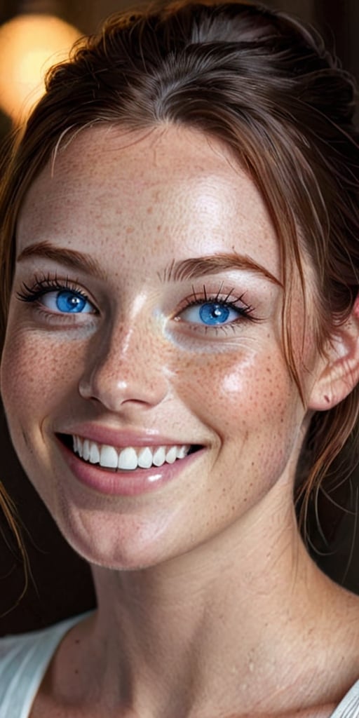 Generate hyper realistic image of a woman with a radiant smile that lights up her face, her high cheekbones dusted with freckles, and her deep-set blue eyes full of warmth and kindness.