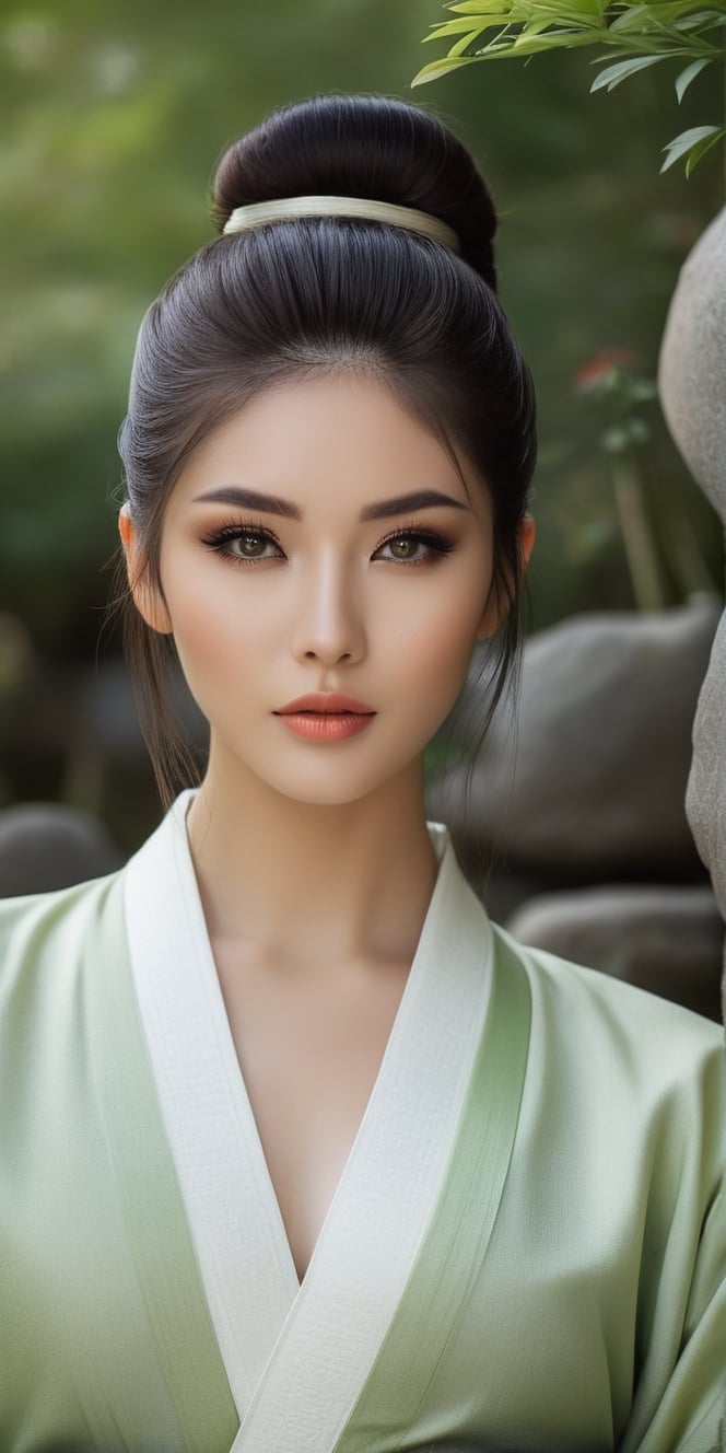 Generate hyper realistic image of a model woman in a Zen garden, exuding tranquility. Highlight her peaceful expressions, stunning eyes, and makeup that enhances the zen-like ambiance, with a hairstyle that adds to the overall harmony.