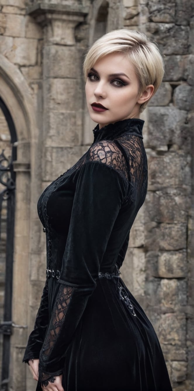 Generate hyper realistic image of a blonde vamp with a pixie cut, gothic makeup, and a dark velvet gown with lace details, playfully haunting a castle courtyard with ancient stone walls and wrought-iron gates.up close