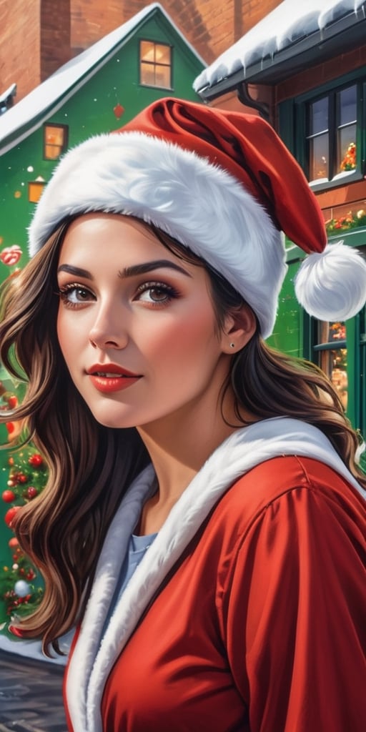 Generate hyper realistic image of a Christmas-themed woman with an artistic flair, wearing a painter's smock and Santa hat, creating a festive mural on a city wall, infusing the urban landscape with holiday cheer and colorful imagination.