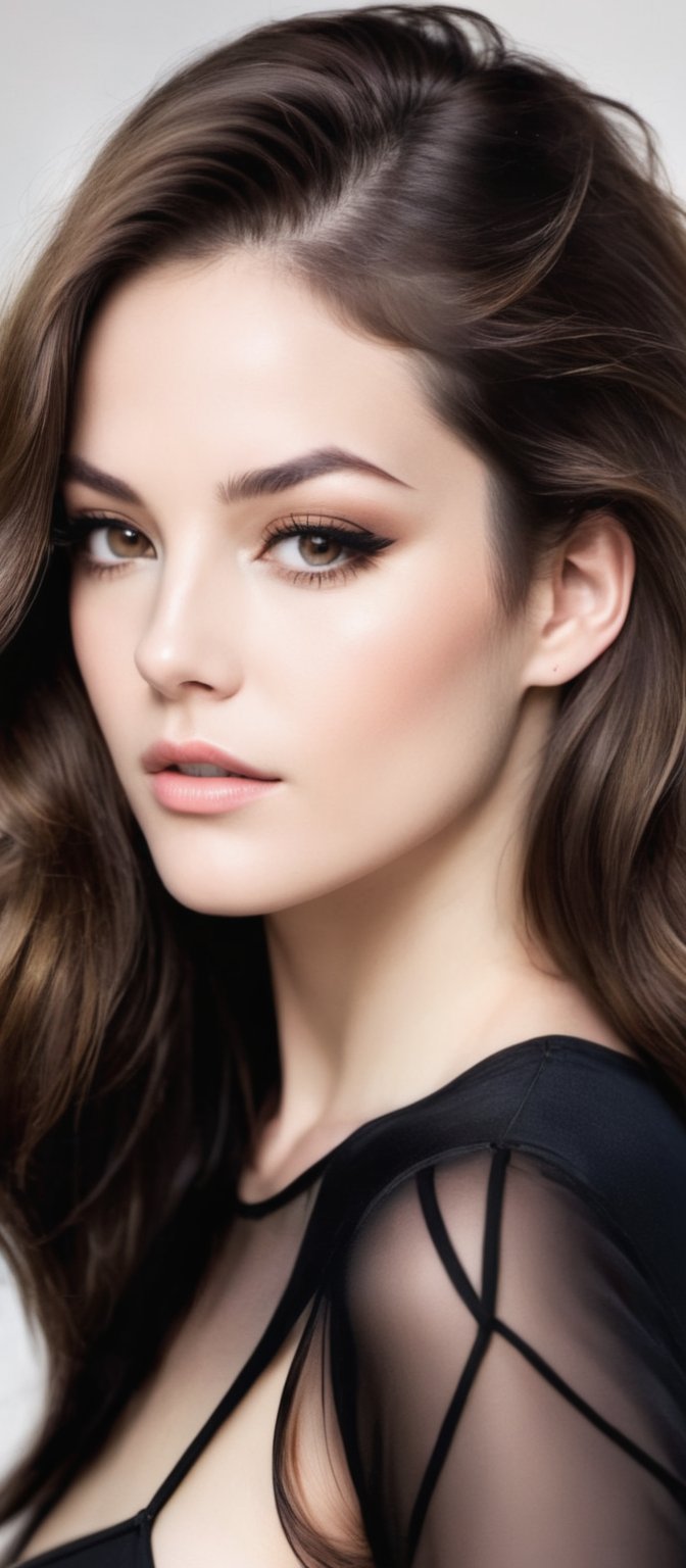 Generate hyper realistic image of a woman with a striking and provocative appearance. She has long, voluminous brown hair with loose waves. The hair is parted slightly off-center, framing her face and giving her a soft, natural look. She has a delicate and youthful face with subtle makeup. Her eyes are slightly downcast, giving her a serene expression. She is wearing a cropped white long-sleeve top with a unique design. The top has a cut-out detail in the middle, held together by thin, criss-crossing strings. he is wearing a high-waisted, pleated beige mini-skirt. The skirt is short. She has on a pair of strappy, nude-colored heels that wrap around her ankles. 