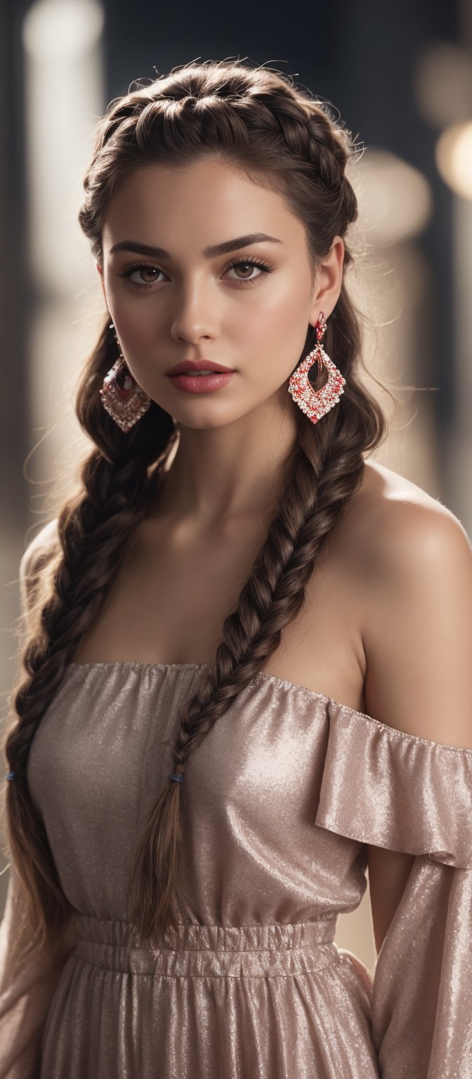 Generate hyper realistic image of a stunning woman with mesmerizing brown eyes, her red, long hair styled in a loose braid. She wears an off-shoulder dress that accentuates her beauty, complemented by shimmering earrings that catch the light as she looks playfully at the viewer, her lips adorned with a hint of rose-colored lipstick.
