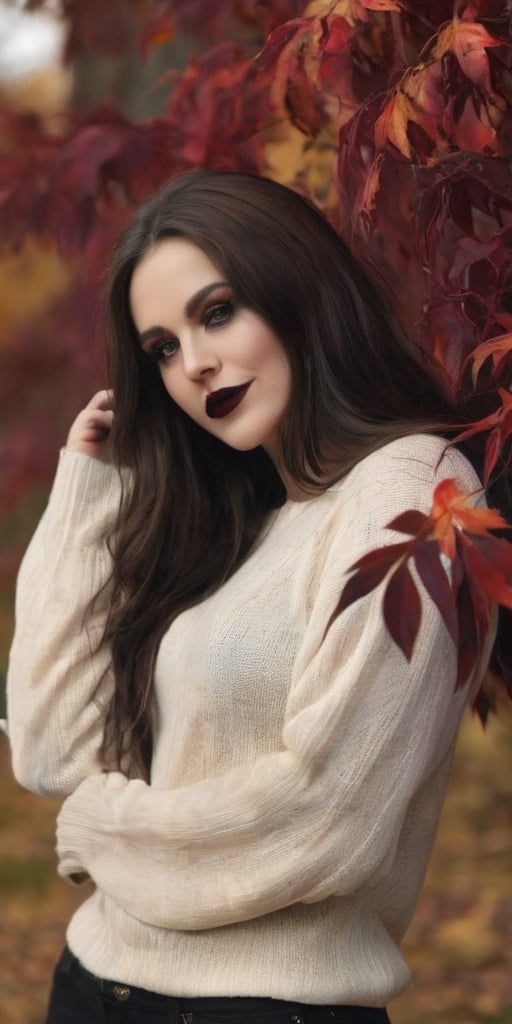 Generate hyper realistic image of a beautiful woman with lustrous chocolate brown hair cascading down to her waist. She wears a dark black sweater, and her long hair partially frames her face as she looks directly at the viewer. Adorned in gothic makeup with big dark red lips and a pale face, she stands outside in the crisp autumn air. With a confident smile, she emanates an enchanting gothic charm amid the fall foliage.