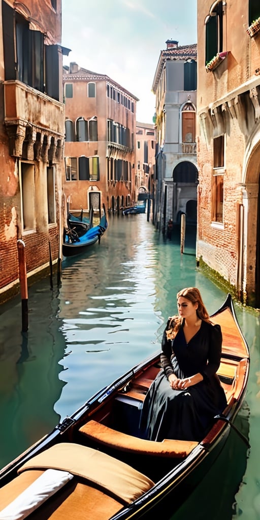 Generate hyper realistic image of a woman with a captivating aura, her dark, mysterious eyes mirroring the depth of the Venetian canals. As she glides through the Grand Canal in a gondola, she marvels at the beautifully decaying palazzos, their grandeur reflecting in her awe-struck gaze.cinematic moviemaker style,itacstl, cinematic moviemaker style