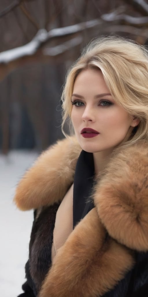 Generate hyper realistic image of a beautiful woman with pure blonde hair elegantly covered by a dark black fur coat accented with brown fur. She stands outdoors in the winter, casting a sideways glance at the viewer with a subtle shyness. Enhanced by smoky makeup, her big blush lips and face add a touch of allure against the crisp winter air, creating an image of timeless beauty in a cold yet enchanting landscape.