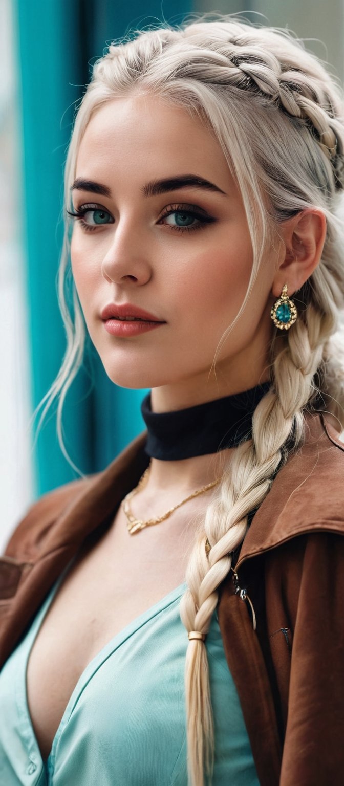 Generate hyper realistic image of a woman with long white hair, twin braids cascading down her shoulders. She gazes at the viewer with aqua eyes, a gentle smile gracing her lips. She wears a jacket and belt, her upper body slightly blurry against the indoor background. Adorned with earrings and a choker, she holds a cup, her head tilted inquisitively. Subtle black makeup and an ear piercing add to her unique charm.