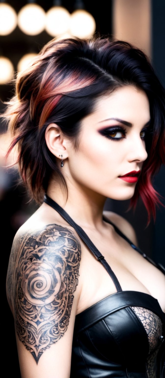 Generate hyper realistic image of a woman with a striking appearance. The woman is turned slightly to the side, giving a profile view that highlights the intricate details of her tattoo. Her expression is neutral, yet there is a hint of intensity in her gaze. Her hair is styled in a modern way, with a mix of black and red strands. The hair is tousled and has a slight windblown effect.  Her eyes are accentuated with dark eyeliner and eyeshadow, while her lips have a natural, glossy look. he is dressed in a strapless outfit, revealing her shoulders and the upper part of her chest. The outfit is made of a sleek, leather material. Her tattoo covers her shoulder and extends down her arm. The tattoo is a detailed and intricate demon design. The background is dark, with a focus on the woman illuminated by soft lighting. This lighting highlights the details of her tattoo and her facial features.