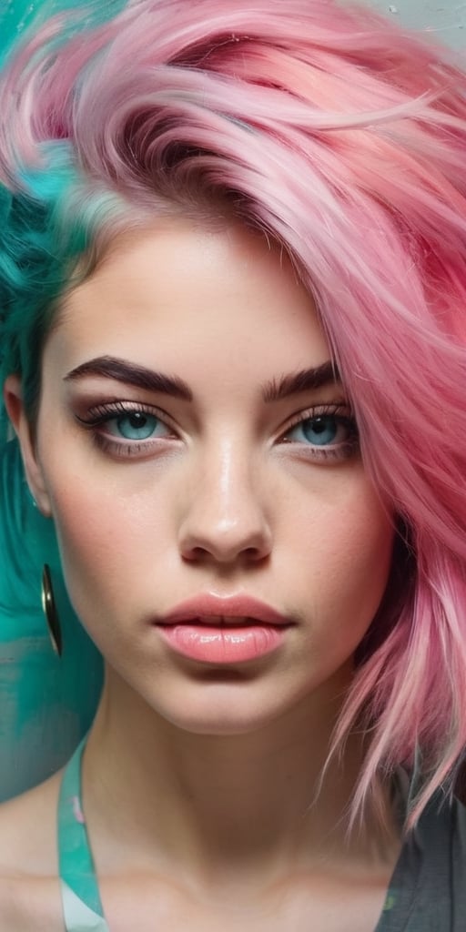 Generate hyper realistic image of  a young woman with vibrant, unconventional hair colors like shades of pastel pink and teal, expressing her artistic spirit while painting in an eclectic urban art studio filled with vibrant canvases.Extremely Realistic, up close, 