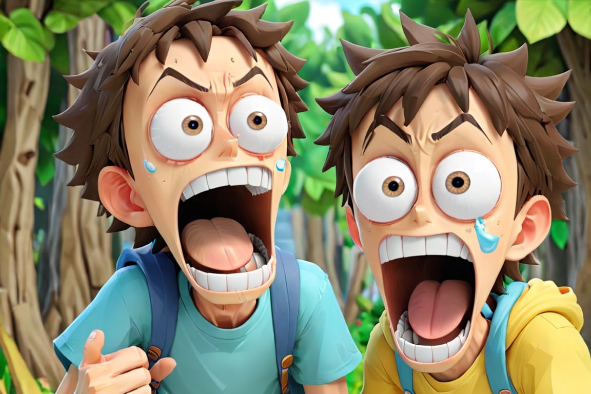 2boys, 3d toon style, 3d render style, detailed,  (EOPShockedFace), (eyes popping out), (shocked face), (mouth open), (mouth open anime). (PE_OP_ShockedFaceMeme:1), high_res, meme