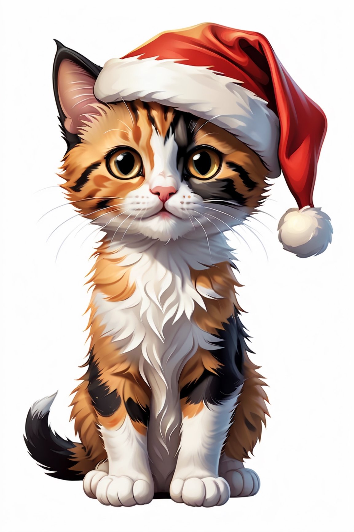 cute calico kitten with a santa hat, die-cut sticker,  no background