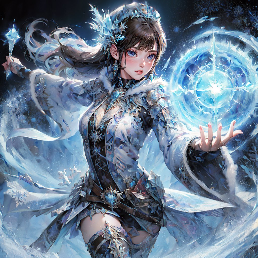 (masterpiece, top quality, best quality, official art, beautiful and aesthetic:1.2), LADY, shyface, Archmage, full body, extreme detailed, (ice magic:1.1), (fractal art:1.3),colorful,highest detailed, Floating around her are some ice shards, watercolor, 