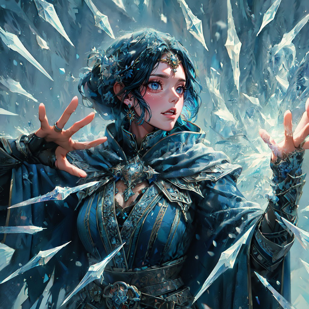 (masterpiece, top quality, best quality, official art, beautiful and aesthetic:1.2), LADY, shyface, Archmage, full body, extreme detailed, (ice magic:1.1), (fractal art:1.3),colorful,highest detailed, Floating around her are some ice shards, watercolor, 