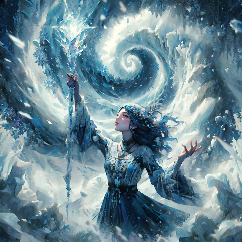 (masterpiece, top quality, best quality, official art, beautiful and aesthetic:1.2), LADY, shyface, Archmage, full body, extreme detailed, (ice magic:1.1), (fractal art:1.3),colorful,highest detailed, Floating around her are some ice shards, watercolor, 