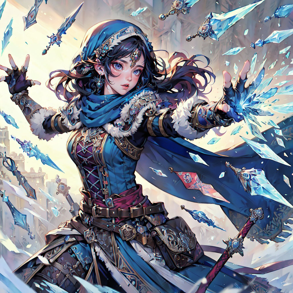 (masterpiece, top quality, best quality, official art, beautiful and aesthetic:1.2), LADY, shyface, Archmage, full body, extreme detailed, (ice magic:1.1), (fractal art:1.3),colorful,highest detailed, Floating around her are some ice shards, watercolor, 