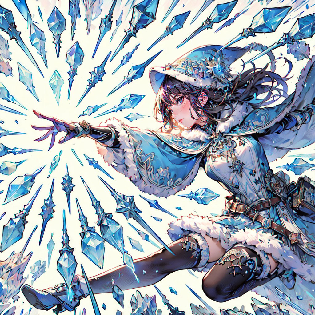 (masterpiece, top quality, best quality, official art, beautiful and aesthetic:1.2), LADY, shyface, Archmage, full body, extreme detailed, (ice magic:1.1), (fractal art:1.3),colorful,highest detailed, Floating around her are some ice shards, watercolor, 