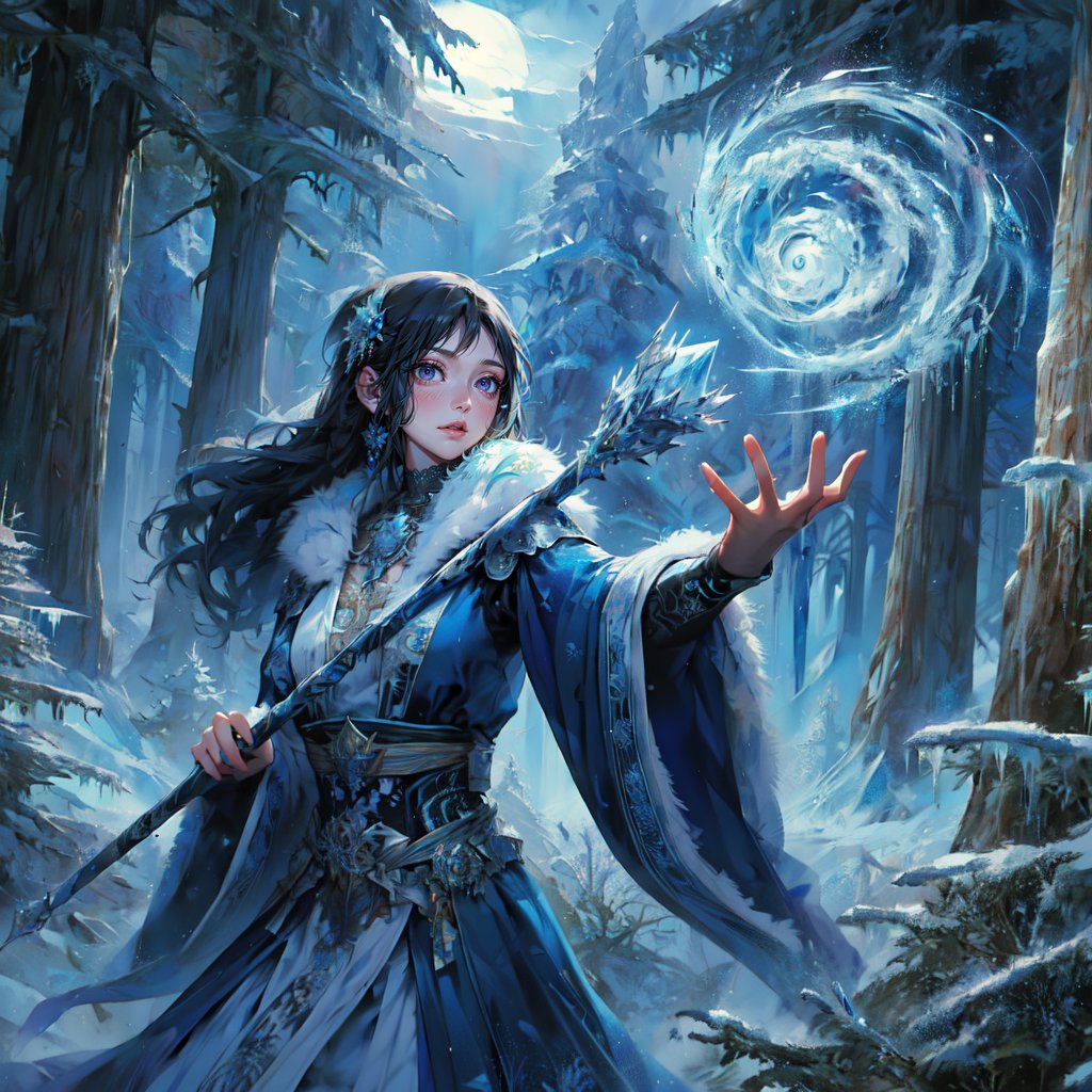 (masterpiece, top quality, best quality, official art, beautiful and aesthetic:1.2), LADY, shyface, Archmage, full body, extreme detailed, (ice magic:1.1), (fractal art:1.3),colorful,highest detailed, Floating around her are some ice shards, watercolor, 