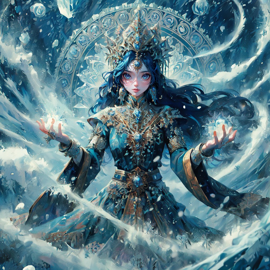 (masterpiece, top quality, best quality, official art, beautiful and aesthetic:1.2), LADY, shyface, Archmage, full body, extreme detailed, (ice magic:1.1), (fractal art:1.3),colorful,highest detailed, Floating around her are some ice shards, watercolor, 