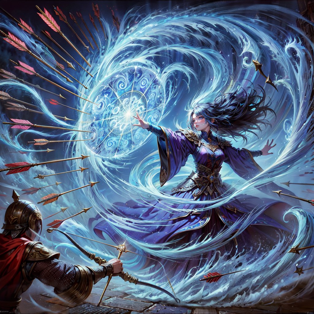 (masterpiece, top quality, best quality, official art, beautiful and aesthetic:1.2), cute cirl, Wind Archmage, wind aura, wind magic in hand, windy hand, wind, extreme detailed, (white light particle:1.1), (arcane style:0.8), (using wind magic:1.3), wind magic, imaginative overlays, (fractal art:1.3), colorful, highest detailed, Floating around her are some tornado, , artistic fusion, fantastical scenes, evocative narratives, striking visuals, upper body, better_hands,