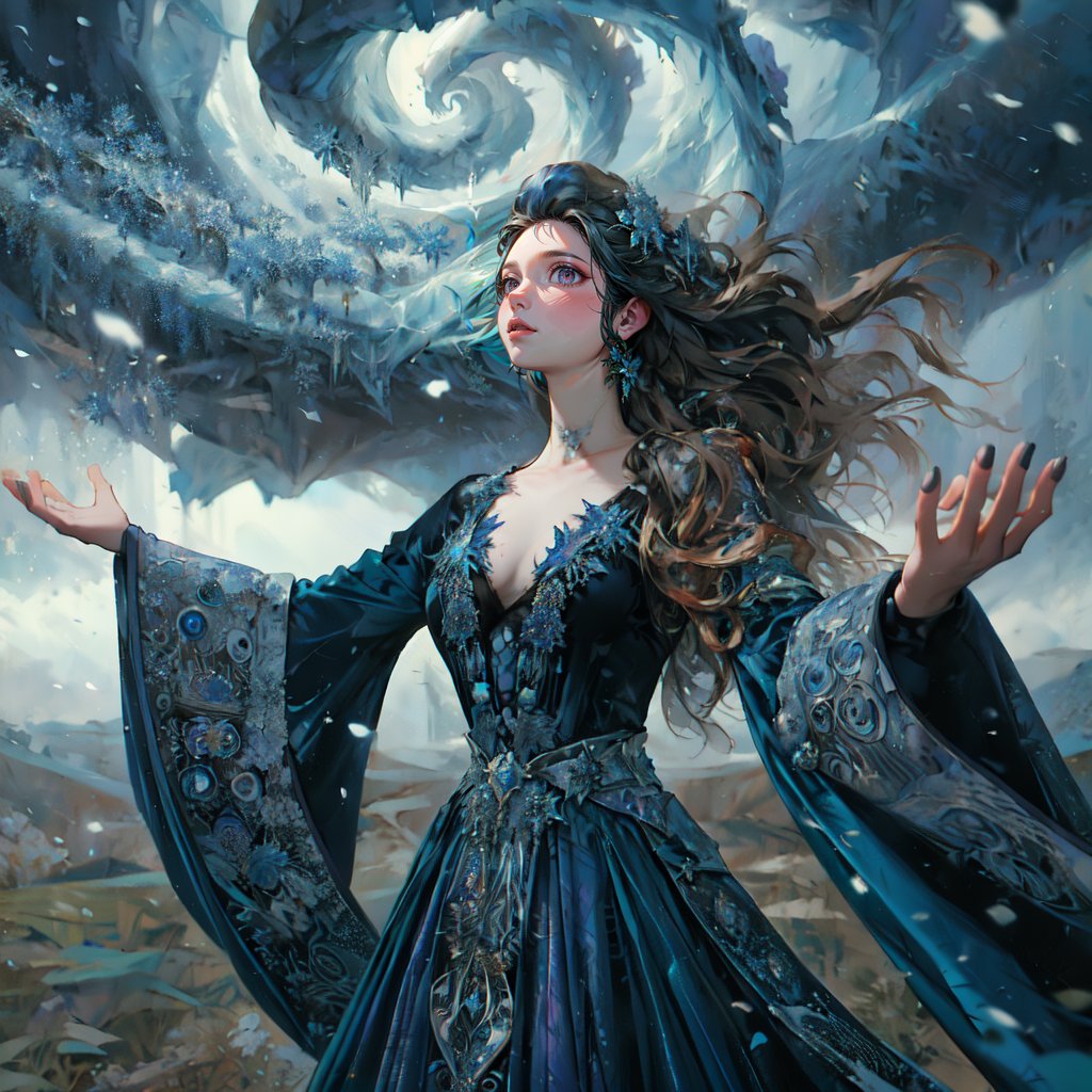 (masterpiece, top quality, best quality, official art, beautiful and aesthetic:1.2), LADY, shyface, Archmage, full body, extreme detailed, (ice magic:1.1), (fractal art:1.3),colorful,highest detailed, Floating around her are some ice shards, watercolor, 