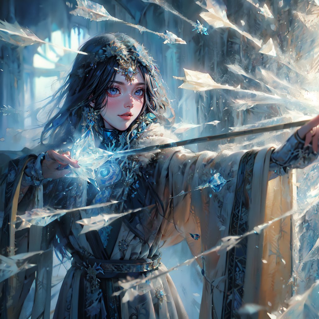 (masterpiece, top quality, best quality, official art, beautiful and aesthetic:1.2), LADY, shyface, Archmage, full body, extreme detailed, (ice magic:1.1), (fractal art:1.3),colorful,highest detailed, Floating around her are some ice shards, watercolor, 