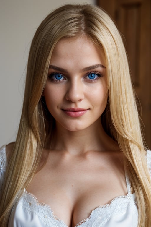 raw photo, ukranian, 25 year young, smirk, detailed face, detailed nose, long Straight hair, blonde_hair,  blue_eyes, white_dress, cleavage, forrest