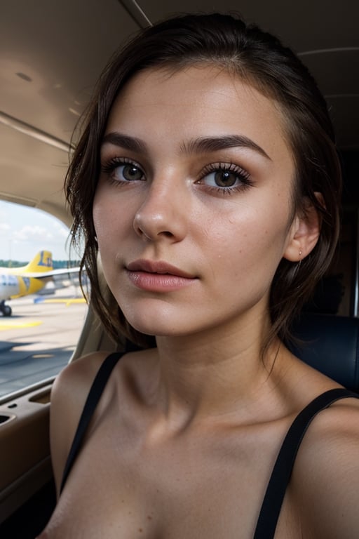 raw photo, ukranian, 20 year young, o-face, detailed face, detailed nose, dark_hair, naked, natural_breasts, light_brown_eyes, airport, outside piper aircraft