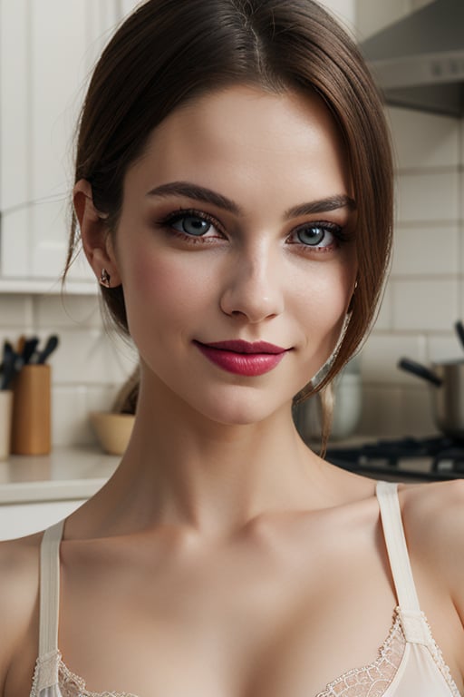 A young woman with long brown hair and heart-shaped face appears in a stunning 3/4 portrait. Her piercing gaze meets the viewer's as she sports a subtle smile, bold lipstick adding sophistication to her makeup. Soft focus and natural lighting create a dreamy atmosphere, showcasing her flat-chested figure and collarbone. She wears transparent lace lingerie in her kitchen, surrounded by warm tones, inviting the viewer into her captivating world.