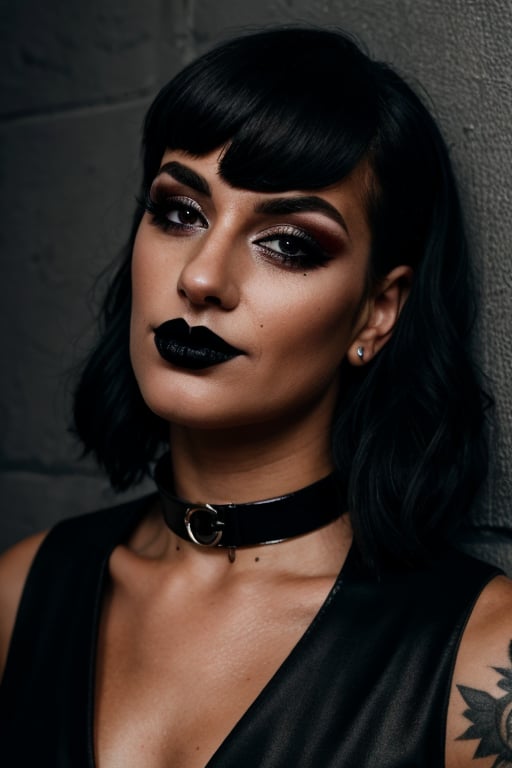 goth emo ((gabe)) with dark eyeshadow, black hair, black lipstick and collar , best quality, high quality, high-definition, extremely detailed, High detail RAW color photo professional, textured skin, goosebumps, bright eyes,Goth