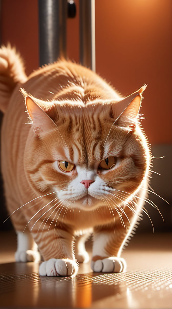 Close-up shot of a sorrowful, obese red cat standing on all fours, its whiskers slightly drooped as it strains to lift a miniature barbell with one paw, the metal gleaming in a warm, dimly lit environment with a subtle orange glow, the cat's rounded belly and chunky limbs creating a humorous contrast with its Herculean effort.