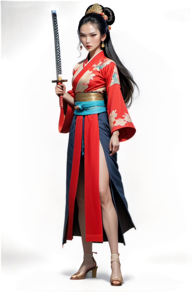 A stunning Chinese warrior stands alone, her long black hair adorned with a hair ornament and tied in a high bun. Her piercing gaze meets the viewer's as she holds a gleaming sword at her upper body level. She wears a traditional Chinese dress with flowing sleeves, a sash wrapped around her waist, and dangling earrings catch the light. A small forehead mark adds to her fierce warrior demeanor.