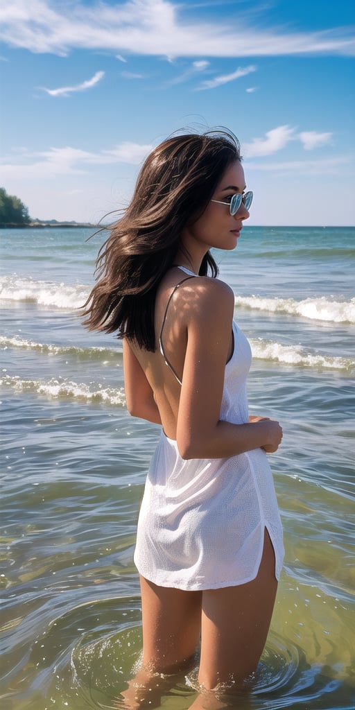 Serene solo figure, dark-skinned woman profiled against calming blue sky with wispy white clouds, long brown hair flowing down back, donning sunglasses for tranquil gaze. Sleeveless dress showcases curves wading in calm water, wearing white short pant under warm sunlight casting fill light effect, illuminating serene expression. Gentle splashing in water as she stands lost in thought, suspended in ethereal moment.