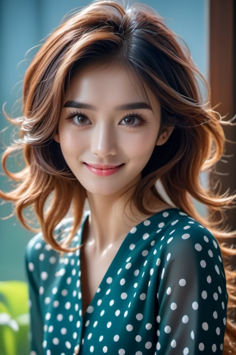 High quality, masterpiece, masterpiece, exquisite facial features, exquisite hair, exquisite eyes, exquisite colored hair, gloomy smile, 4K quality, gorgeous light and shadow, Tyndall effect, halo, messy hair, young state, gorgeous scenes, baju kurung, jewelry, polka_dots