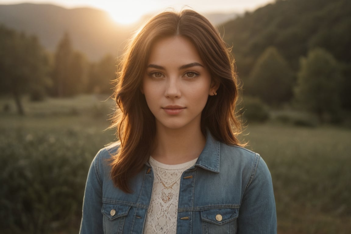 The DSLR camera focuses intimately on a woman's visage, revealing the faintest glimmer of joy in her eyes. Her skin is bathed in the soft, golden light of a late afternoon sun, casting a celestial glow. She's adorned in a vintage denim jacket, a contrast to the delicate lace of her dress beneath. The light falls from the side, creating a dynamic contrast and depth. Behind her, an autumnal park blurs into a mosaic of oranges and reds, the overcast sky hinting at the crisp chill of an impending evening. The atmosphere is one of quiet anticipation, the season's turn captured in a single, ephemeral moment.