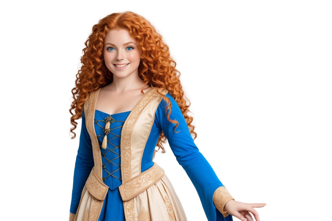 ((Generate  Portrait of  princess Merida, )) 
ginger curly very long hair, smile, blue eyes,  beautiful,  gorgeous,  (Wearing a medieval Scottish dress,)