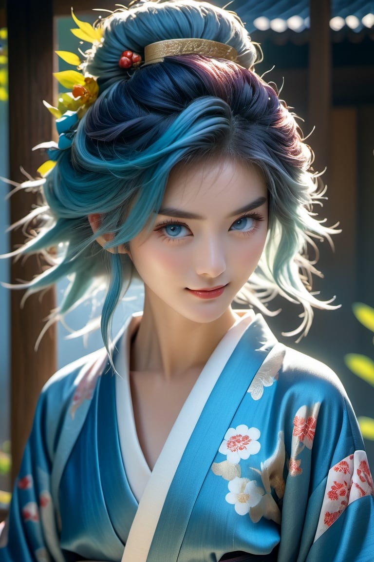 High quality, masterpiece, masterpiece, exquisite facial features, exquisite hair, exquisite blue eyes, exquisite colored hair, gloomy smile,full body, 4K quality, gorgeous light and shadow, Tyndall effect, halo, messy hair, young state, gorgeous scenes, kimono, jewelry