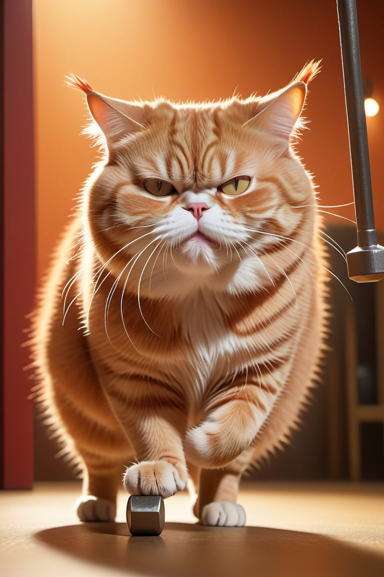 Close-up shot of a sorrowful, obese red cat standing on all fours, its whiskers slightly drooped as it strains to lift a miniature barbell with one paw, the metal gleaming in a warm, dimly lit environment with a subtle orange glow, the cat's rounded belly and chunky limbs creating a humorous contrast with its Herculean effort.