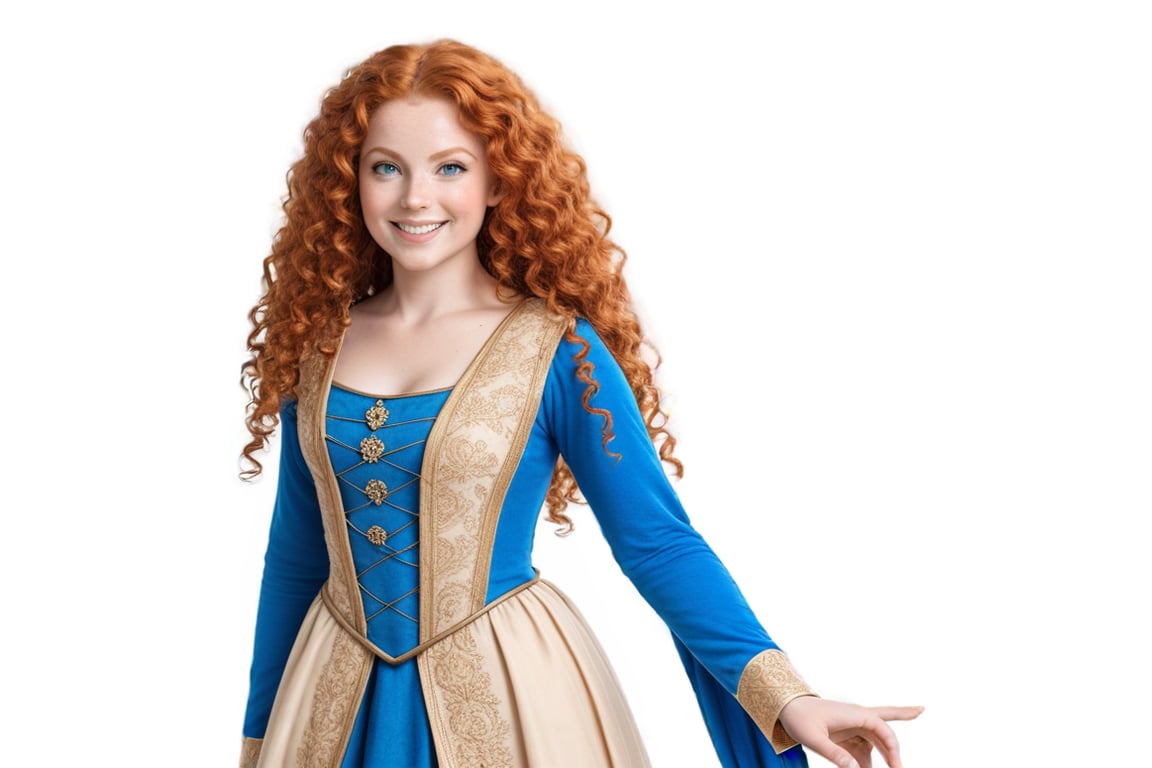 ((Generate  Portrait of  princess Merida, )) 
ginger curly very long hair, smile, blue eyes,  beautiful,  gorgeous,  (Wearing a medieval Scottish dress,)