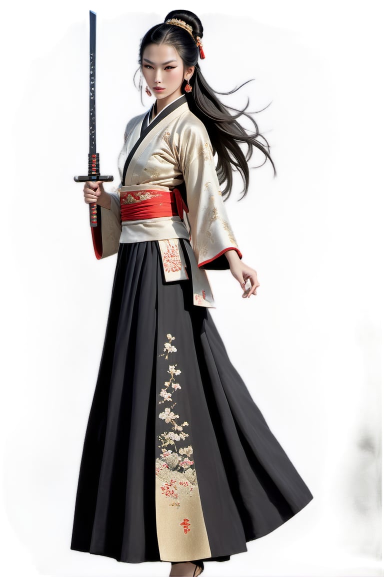 A stunning Chinese warrior stands alone, her long black hair adorned with a hair ornament and tied in a high bun. Her piercing gaze meets the viewer's as she holds a gleaming sword at her upper body level. She wears a traditional Chinese dress with flowing sleeves, a sash wrapped around her waist, and dangling earrings catch the light. A small forehead mark adds to her fierce warrior demeanor.