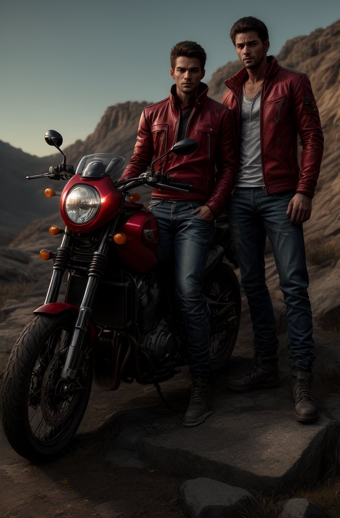 A solo male figure stands proudly on a rocky terrain, wearing a bold red jacket and jeans. He's perched beside his gleaming motorcycle, its engine roaring in the background as he strikes a pose, one hand resting on the handlebars. The warm sunlight casts a dramatic glow, highlighting the rugged landscape and his confident expression.,<lora:659111690174031528:1.0>