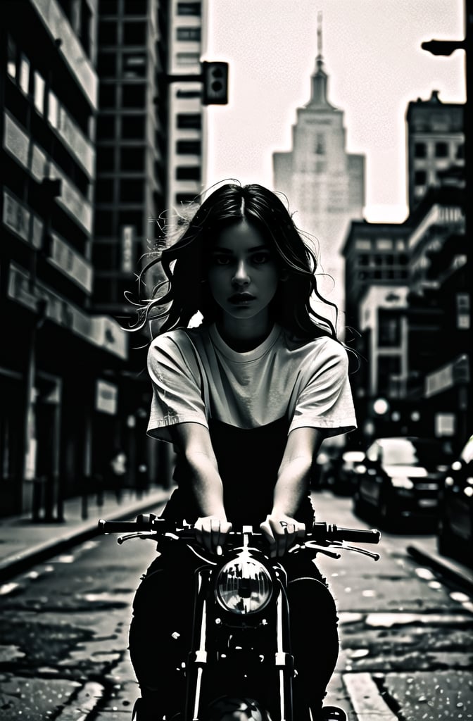 A moody shot of a blonde girl astride her Harley Davidson motorcycle, parked on a gritty New York City street at dusk. The cityscape behind her is shrouded in shadows, with the iconic skyscrapers reduced to dark silhouettes. The only pop of color comes from her bright blonde hair, styled in loose waves as she gazes out at the camera with a mix of rebellion and vulnerability. The black and white tones evoke a sense of edginess, perfect for a title like Wicked Game.,<lora:659111690174031528:1.0>